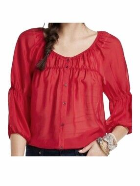 Anthro 100% Silk Boho Peasant Blouse Rose Red Vanessa Virginia XS